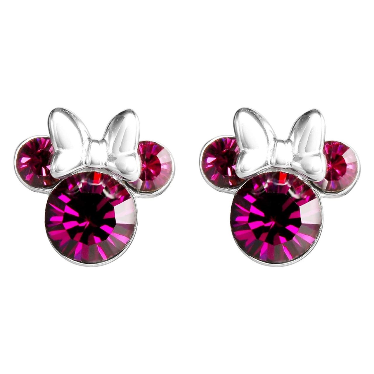 Disney Minnie Mouse Sterling Silver Birthstone Earrings Pink Rose Pink Rose October Birthstone Stunning silver Birthstone earrings form a silhouette of Minnie Mouse with pink rose CZ Crystals adding a feminine touch to the Disney classic piece of Jewellery. Trendy and fashionable design, the Disney Minnie Mouse silhouette sterling silver earrings add a chic, fun touch to any outfit.