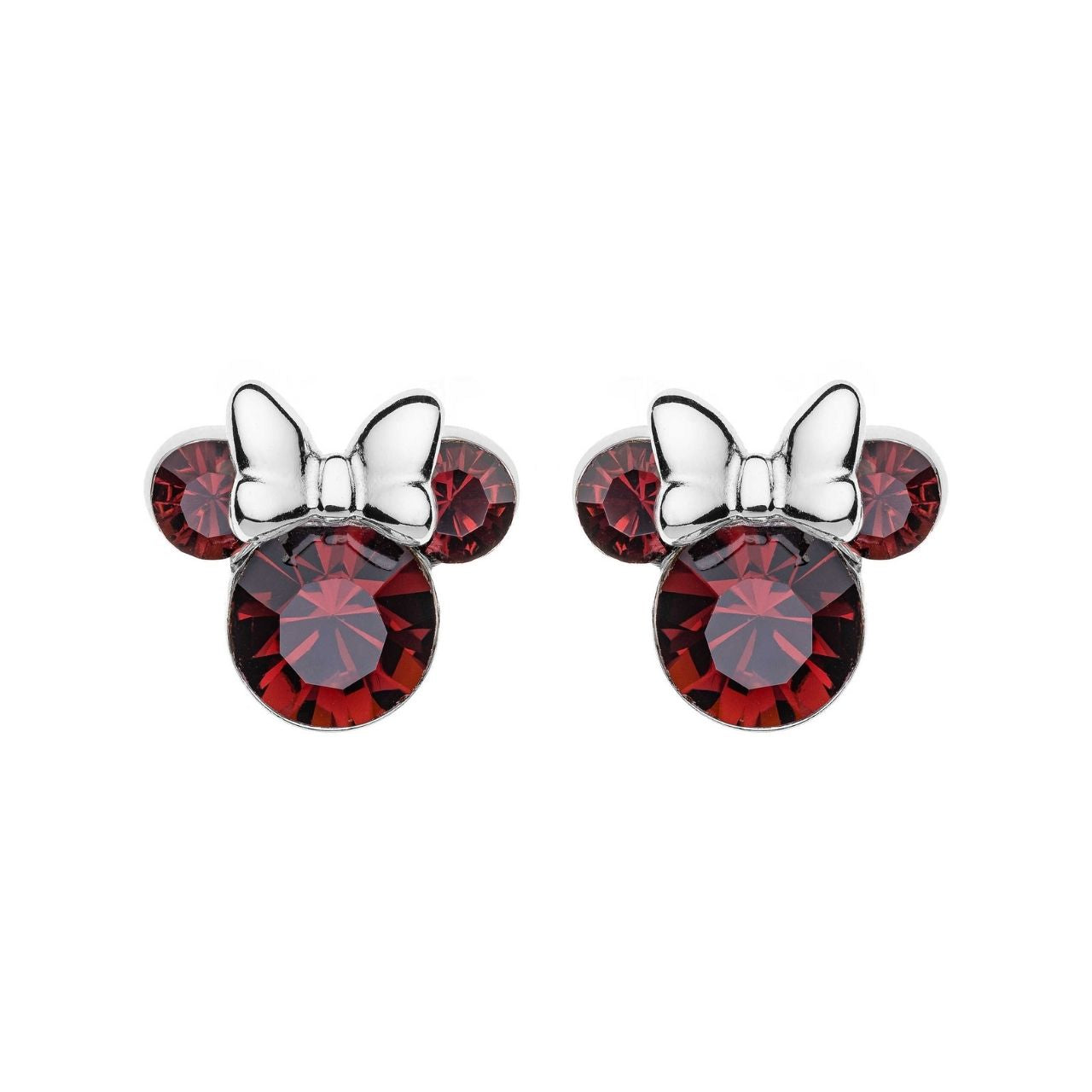 Disney Minnie Mouse Sterling Silver Birthstone Earrings Red Red January Birthstone Stunning silver Birthstone Earring form a silhouette of Minnie Mouse's with red CZ Crystals adding a feminine touch to the Disney classic piece of Jewellery. Trendy and fashionable two tone design, the Disney Minnie Mouse Silhouette Sterling Silver earrings add a chic, fun touch to any outfit.