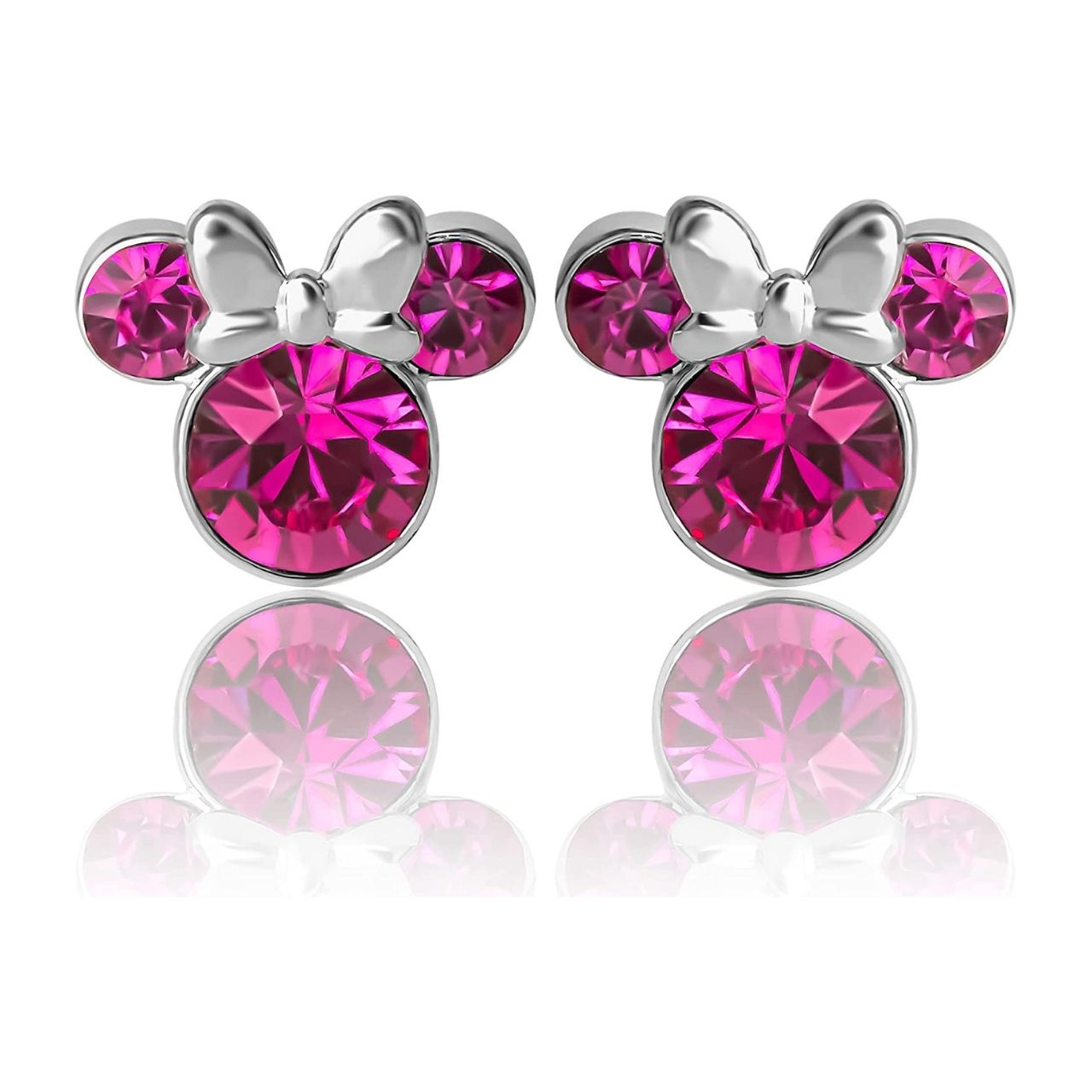 Disney Minnie Mouse Sterling Silver Birthstone Earrings Pink Rose Pink Rose October Birthstone Stunning silver Birthstone earrings form a silhouette of Minnie Mouse with pink rose CZ Crystals adding a feminine touch to the Disney classic piece of Jewellery. Trendy and fashionable design, the Disney Minnie Mouse silhouette sterling silver earrings add a chic, fun touch to any outfit.