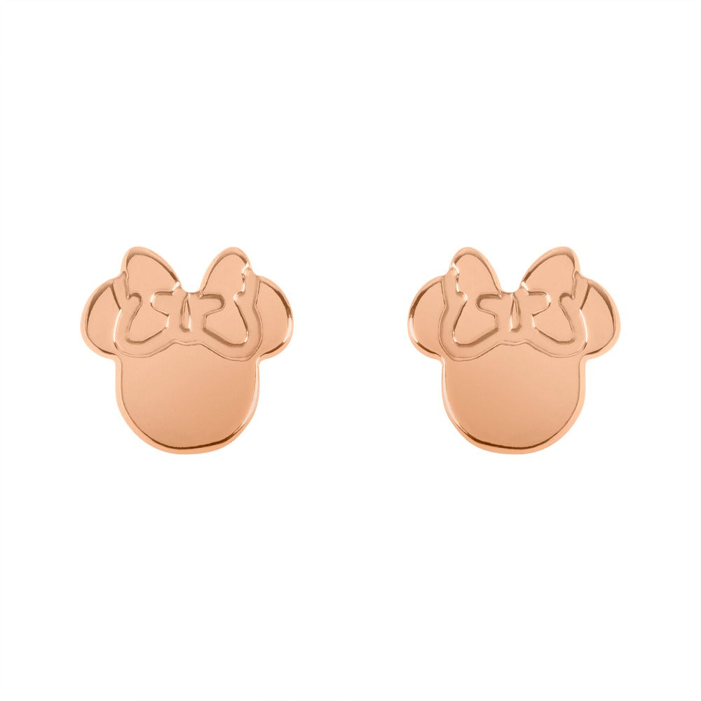 Disney Minnie Mouse Sterling Silver Rose Gold Silhouette Stud Earrings Peers Hardy Disney Minnie Mouse Rose Gold Stud Earrings This classic adorable pair has a unique quality of Minnie Mouse silhouette. Trendy and fashionable design, the Disney Minnie Mouse famous pose Rose Gold Stud Earrings will add a chic, fun touch to any outfit.