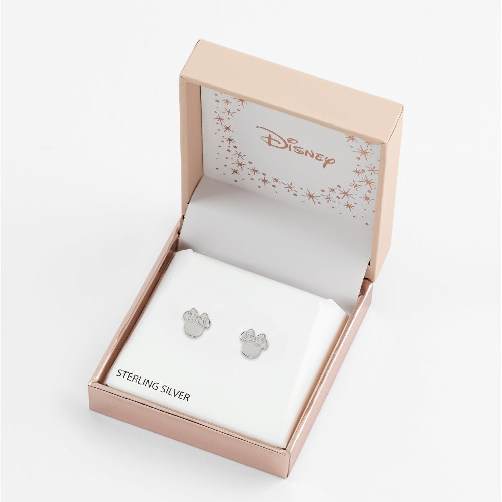 Disney Minnie Mouse Sterling Silver Silhouette Stud Earrings Peers Hardy Disney Minnie Mouse Sterling Silver Stud Earrings This classic adorable pair has a unique quality of Minnie Mouse silhouette. Trendy and fashionable design, the Disney Minnie Mouse famous pose Sterling Silver Stud Earrings will add a chic, fun touch to any outfit.