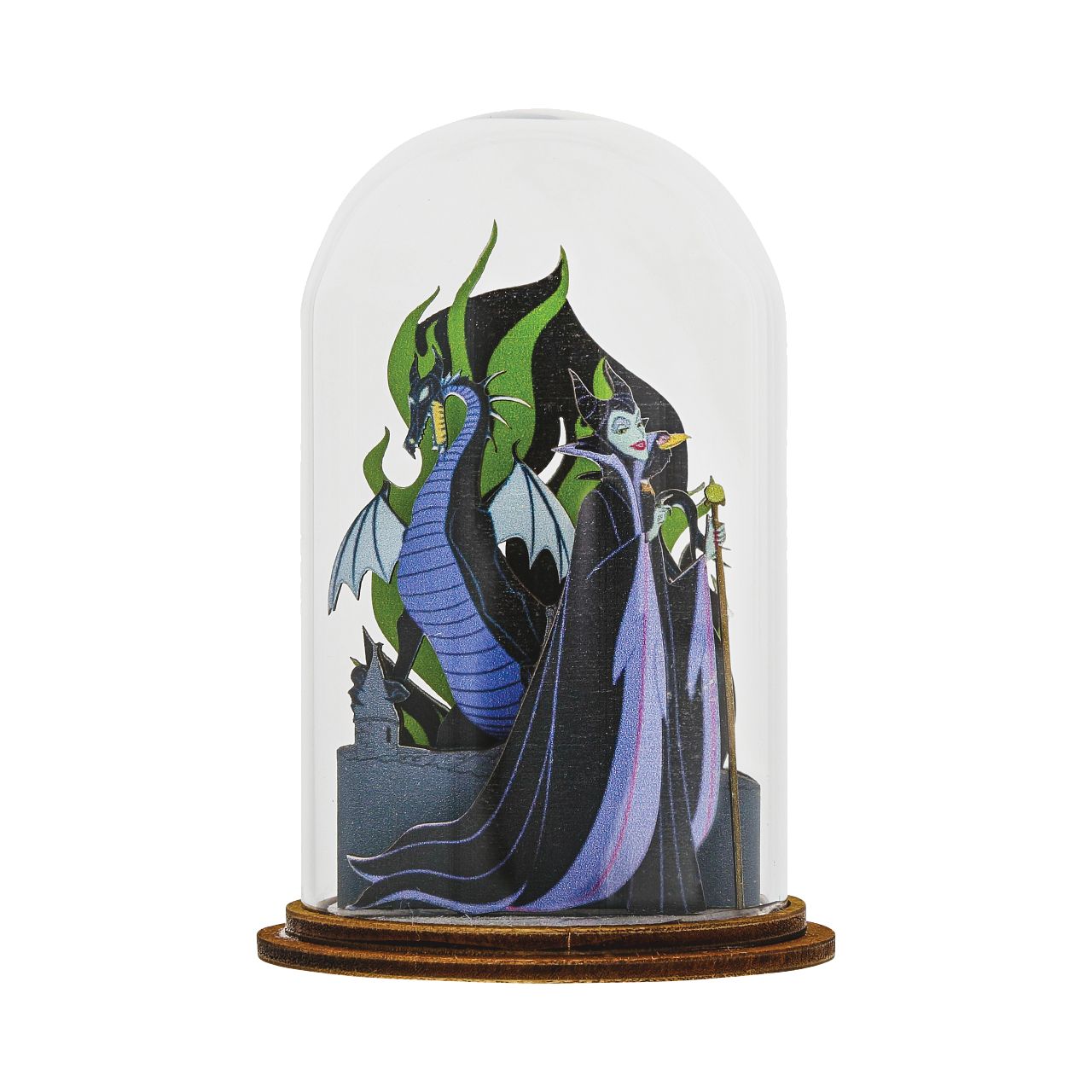 Disney Mistress of All Evil Maleficent Figurine This stunning figurine showcases all the evil of Maleficent with her iconic dragon surrounded by green flames. This classic Sleeping Beauty decorative Kloche will make a stunning display in your home.
