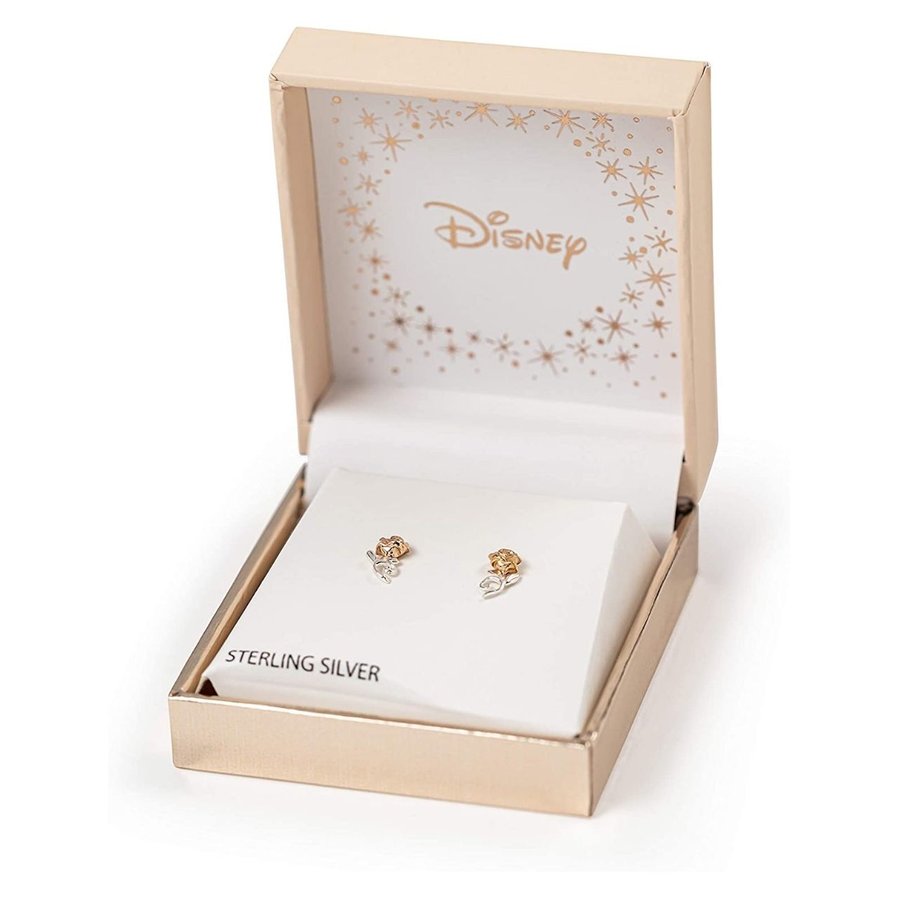 Disney Princess Silver and Rose Gold Earrings Beautiful silver and rose gold Princess rose earrings adding a feminine touch to the Disney classic piece of Jewellery. Trendy and fashionable design, the Disney Princess collection, sterling silver and rose gold earrings add a chic, fun touch to any outfit.