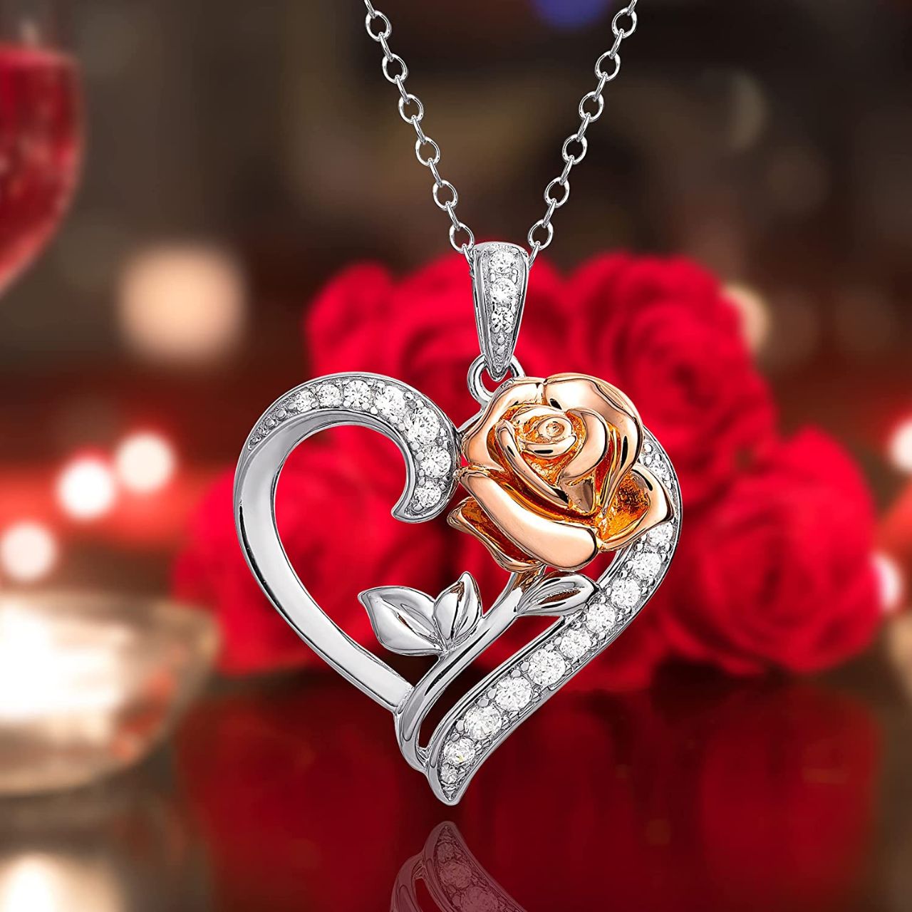 Disney Princess Silver and Rose Gold Heart with Cubic Zirconia Pendant Disney Beauty and the Beast Princess Collection, this beautiful silver and rose gold rose heart pendant necklace adds a feminine touch to the Disney classic piece of Jewellery. Trendy and fashionable design, the Disney Princess collection, sterling silver and rose gold heart pendant necklace will add a chic, fun touch to any outfit.