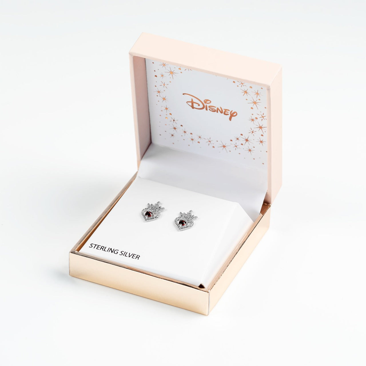 Disney Princess Sterling Silver Birthstone Crown Earrings – January Beautiful silver Birthstone princess crown earrings with CZ crystals adding a feminine touch to the Disney classic piece of Jewellery. Trendy and fashionable design, the Disney princess sterling silver earrings add a chic, fun touch to any outfit. the perfect gift for any Disney Princess fan