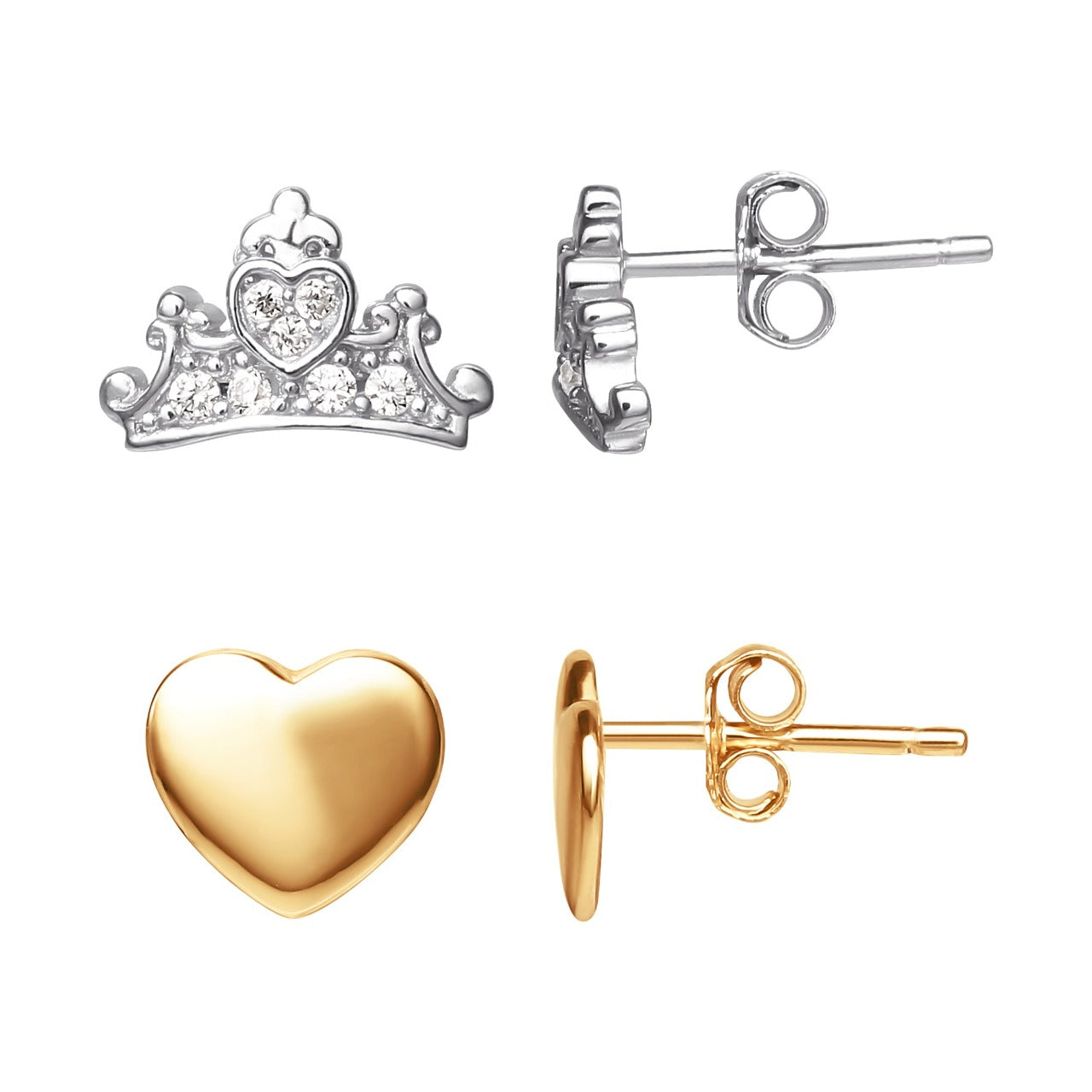 Disney Princess Silver Crown with CZ Crystals and Rose Gold Heart Earrings Set of two earrings is composed of rose gold heart studs and silver stone crowns. Disney Princess Collection, rose gold heart studs and silver stone crowns. adding a feminine touch to the Disney classic piece of Jewellery.