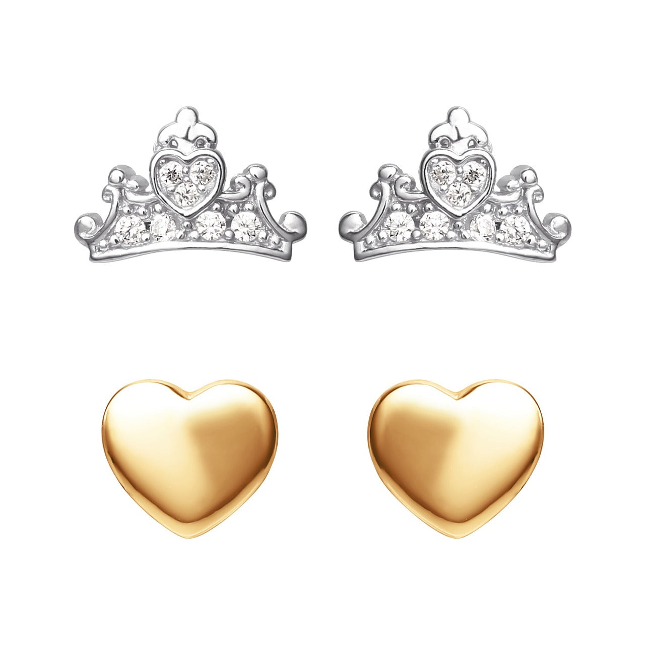 Disney Princess Silver Crown with CZ Crystals and Rose Gold Heart Earrings Set of two earrings is composed of rose gold heart studs and silver stone crowns. Disney Princess Collection, rose gold heart studs and silver stone crowns. adding a feminine touch to the Disney classic piece of Jewellery.