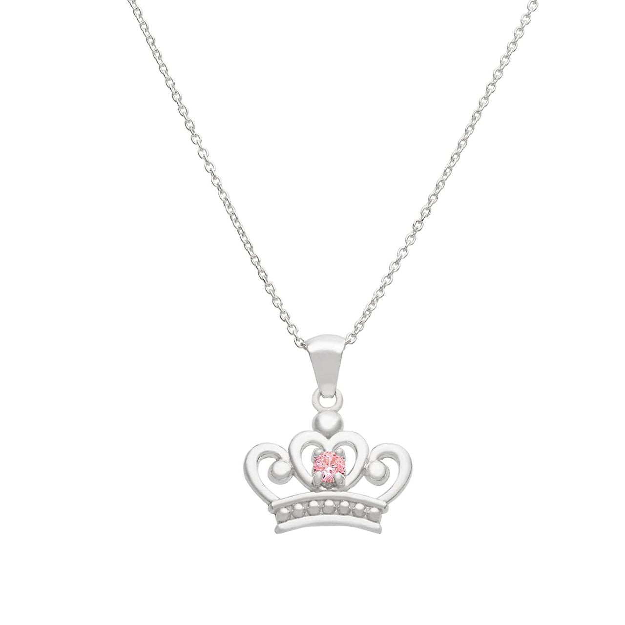 Disney Princess Silver Pink Crown Pendant with Pink Cubic Zirconia Disney Princess Collection, this silver beautiful shiny crown pendant with a pink stone necklace adding a feminine touch to the Disney classic piece of Jewellery. Trendy and fashionable design, the Disney Princess collection, sterling silver crown with pink crystal necklace will add a chic, fun touch to any outfit.