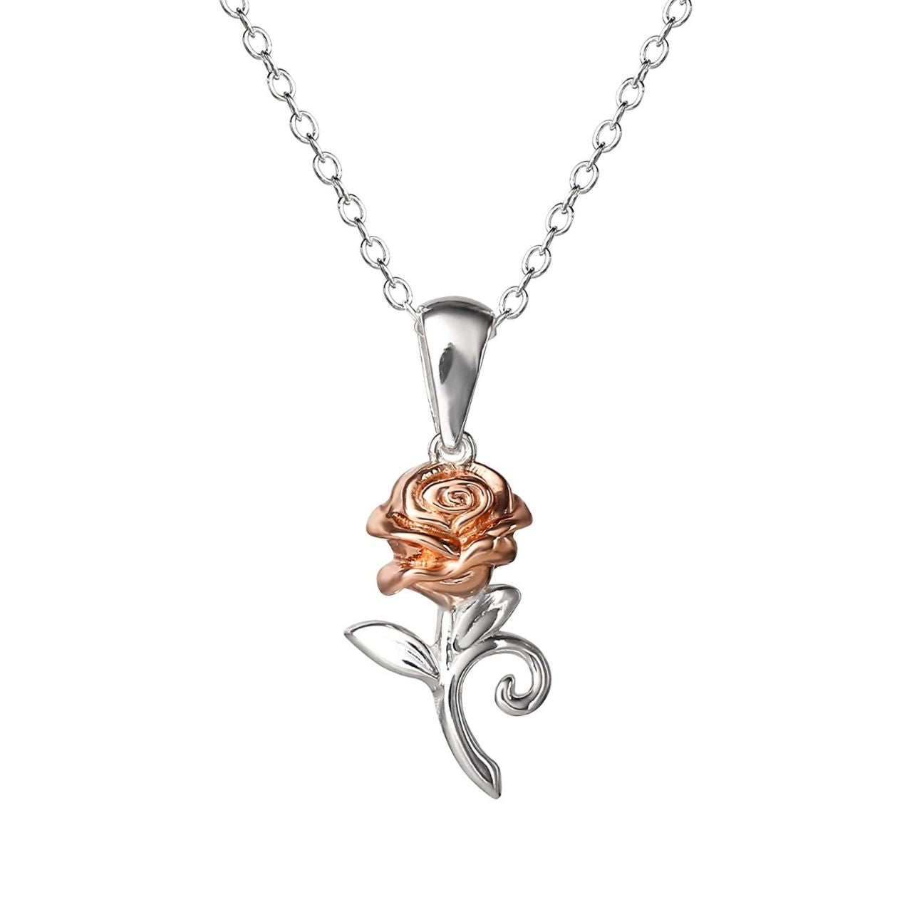 Disney Princess Silver and Rose Gold Pendant Necklace Beautiful silver and rose gold Princess rose pendant necklace adding a feminine touch to the Disney classic piece of Jewellery. Trendy and fashionable design, the Disney Princess collection, sterling silver and rose gold pendant necklace add a chic, fun touch to any outfit.