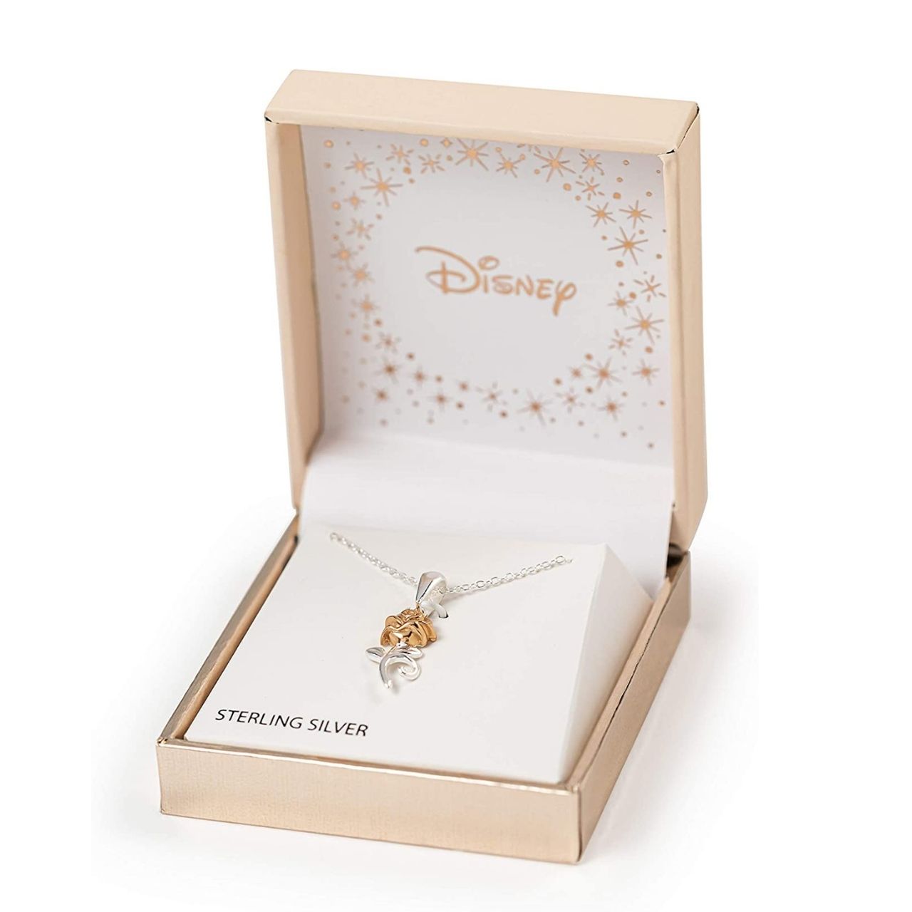 Disney Princess Silver and Rose Gold Pendant Necklace Beautiful silver and rose gold Princess rose pendant necklace adding a feminine touch to the Disney classic piece of Jewellery. Trendy and fashionable design, the Disney Princess collection, sterling silver and rose gold pendant necklace add a chic, fun touch to any outfit.