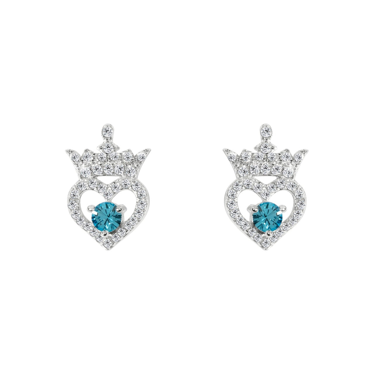 Disney Princess Sterling Silver Birthstone Crown Earrings – March Beautiful silver Birthstone princess crown earrings with CZ crystals adding a feminine touch to the Disney classic piece of Jewellery. Trendy and fashionable design, the Disney princess sterling silver earrings add a chic, fun touch to any outfit. the perfect gift for any Disney Princess fan.