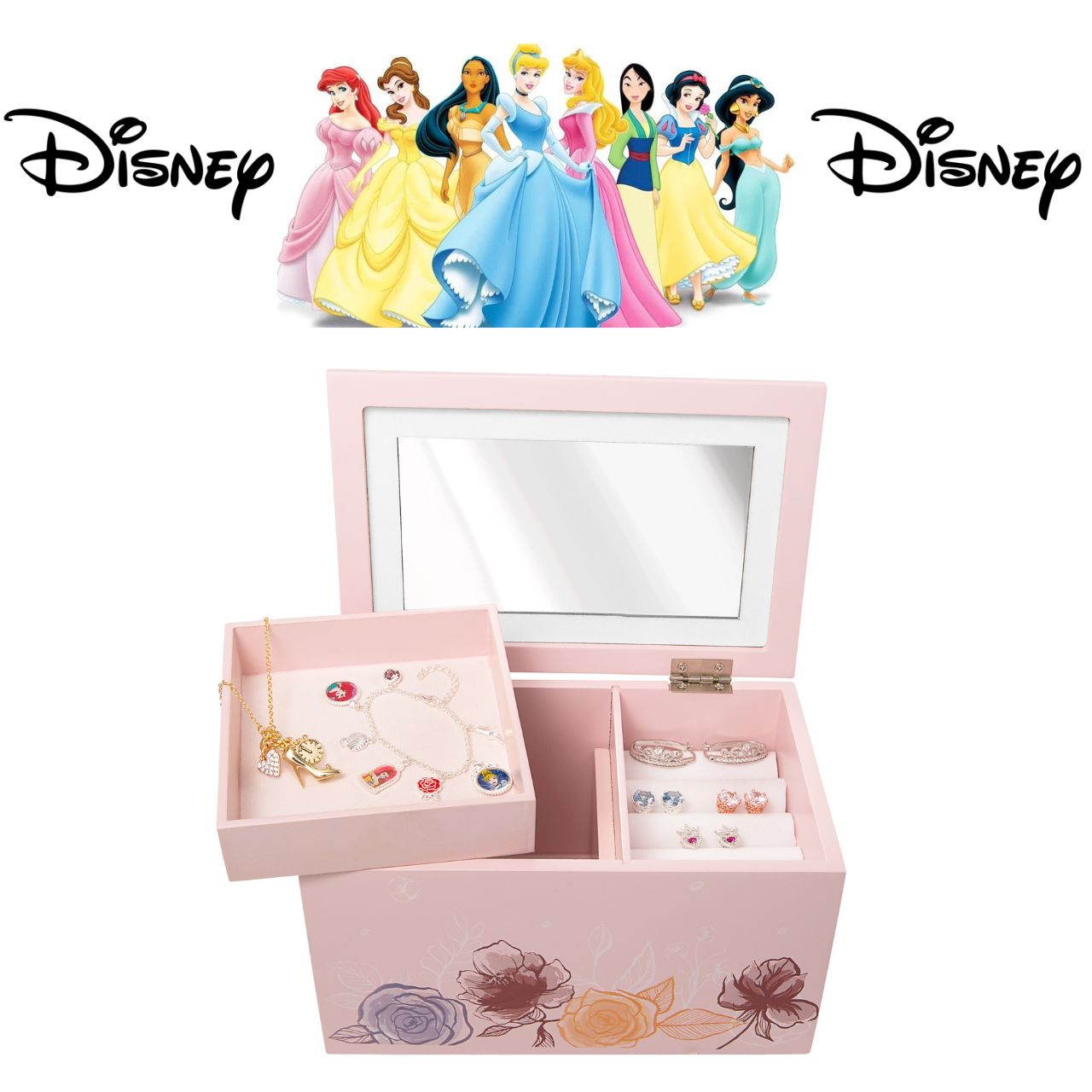 Disney Princess Wooden Jewellery Box With Hinged Lid Official Disney Princess Jewellery box is the perfect gift for any Disney fan! This Pink jewellery box is made with solid wood which features a hinged lid. The Disney Collection features favourite characters from cult classics. There is something for every Disney fan no matter their age. Disney Princess and Beauty And The Beast collections are also available.