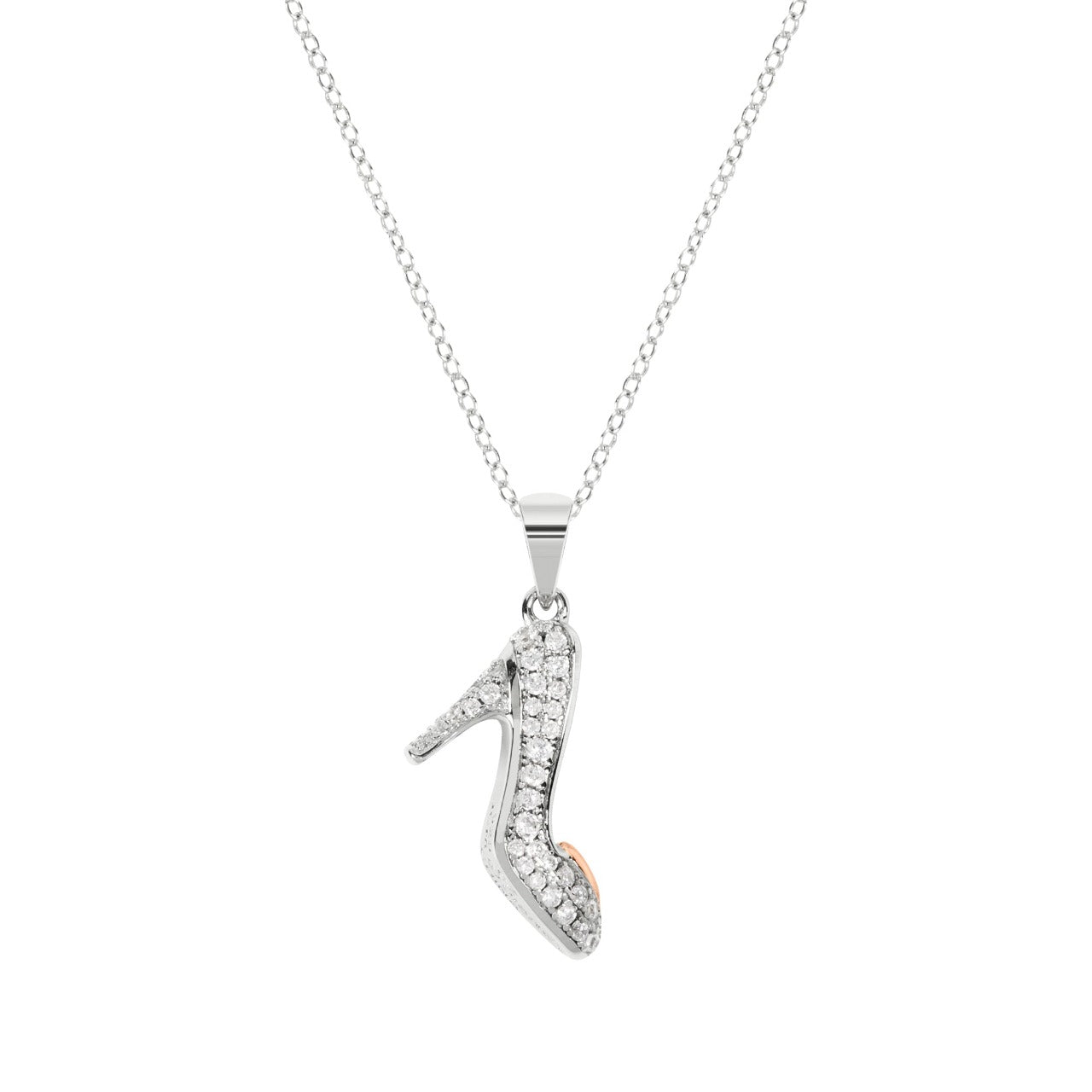 Disney Silver Cinderella Glass Slipper CZ Stones Rose Gold Heart Necklace Disney Cinderella Princess Collection, sterling silver iconic glass slipper pendant set with clear stones and a Rose gold plated heart pendant necklace adding a feminine touch to the Disney classic piece of Jewellery.