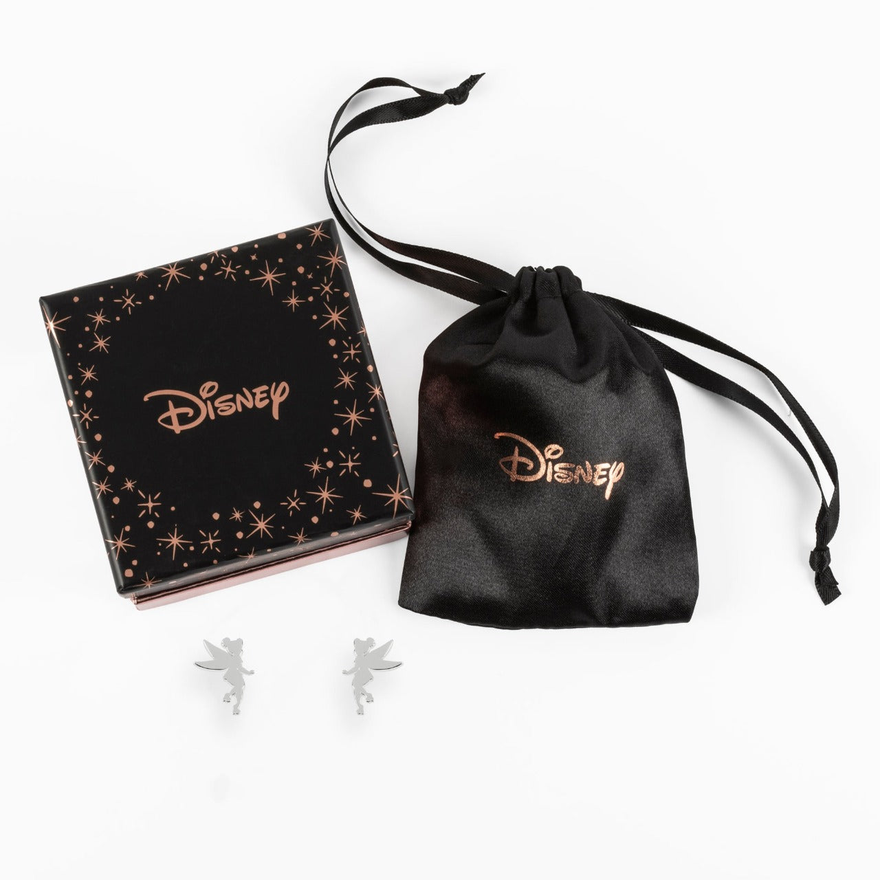 Disney Tinkerbell Silhouette Sterling Silver Stud Earrings Princess Collection Disney Princess Collection, add that magical look with these amazing and instantly recognizable famous silhouette of Tinkerbell. Trendy and fashionable design, the Disney Princess collection, sterling silver earrings add a chic, fun touch to any outfit.