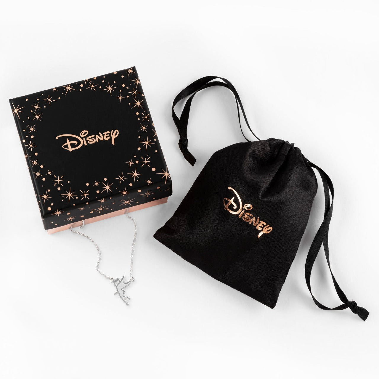 Disney Tinkerbell Silhouette Sterling Silver Necklace Princess Collection Disney Princess Collection, add that magical look with these amazing and instantly recognizable famous silhouette of Tinkerbell. Trendy and fashionable design, the Disney Princess collection, sterling silver necklace add a chic, fun touch to any outfit.