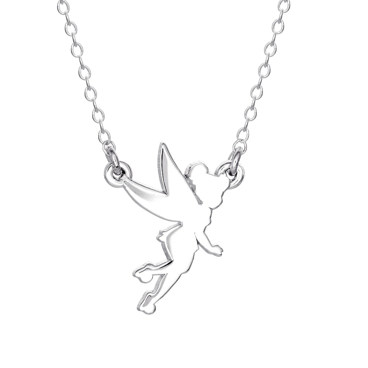 Disney Tinkerbell Silhouette Sterling Silver Necklace Princess Collection Disney Princess Collection, add that magical look with these amazing and instantly recognizable famous silhouette of Tinkerbell. Trendy and fashionable design, the Disney Princess collection, sterling silver necklace add a chic, fun touch to any outfit.