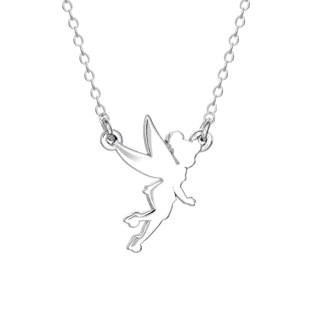 Disney Tinkerbell Silhouette Sterling Silver Necklace Princess Collection Disney Princess Collection, add that magical look with these amazing and instantly recognizable famous silhouette of Tinkerbell. Trendy and fashionable design, the Disney Princess collection, sterling silver necklace add a chic, fun touch to any outfit.