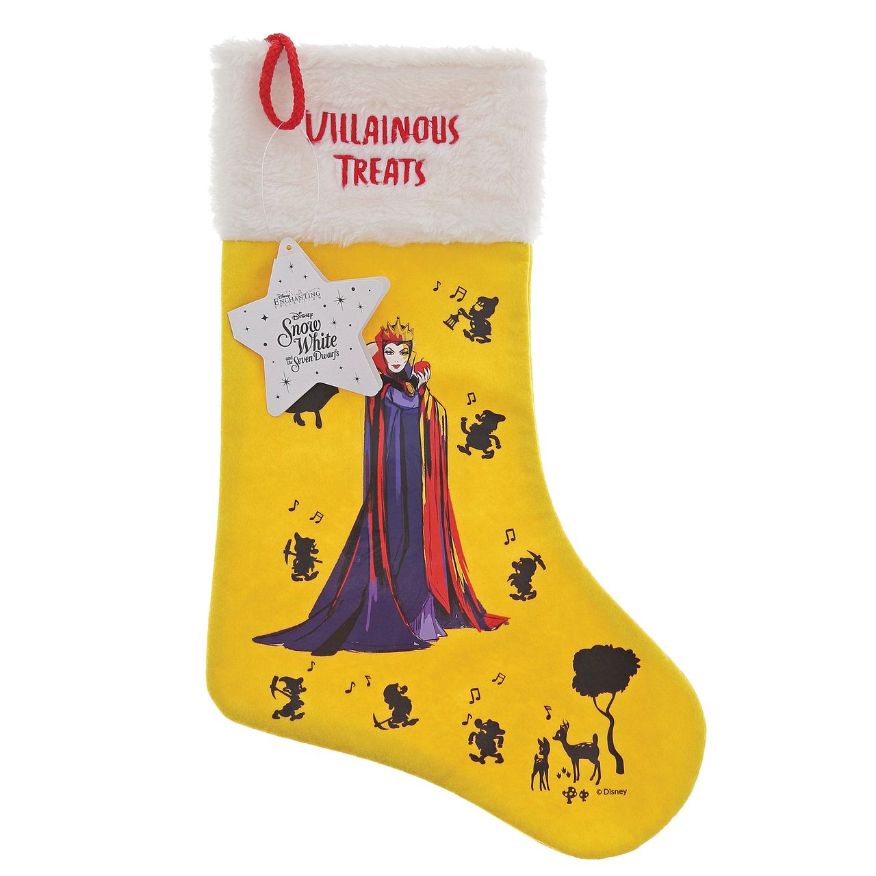 Disney Villainous Treats Evil Queen Christmas Stocking What villainous treats will you find hiding in this Evil Queen stocking? Presented with a giftable hangtag this wicked, Snow White and the Seven Dwarfs stocking creates a unique Christmas gift, which can be enjoyed year after year.