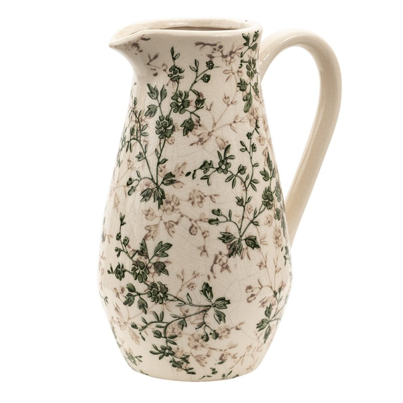 Clayre & Eef Country Style Decorative Green Beige Leaves Ceramic Pitcher Decorative Pitcher 20*14*25 cm Green, Brown, Beige Ceramic Leaves