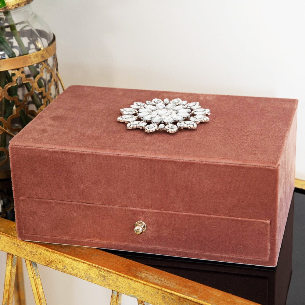 Dusky Pink Velvet Jewellery Box with Crystal Flower Store those sparkly bits in style with this dusky pink velvet jewellery box with crystal encrusted flower on the lid