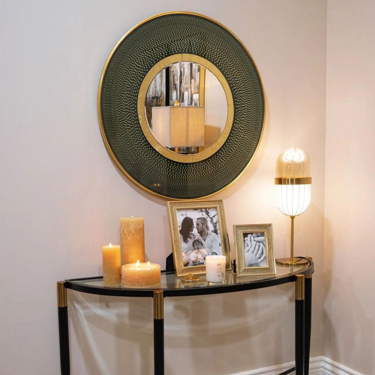 Elva Round Mirror by Mindy Brownes  Mindy Brownes Interiors Elva Round Mirror  - A true statement piece. - An art deco-inspired mirror. - Finished in forest green with vibrant gold trim and polka dot detailing. - Perfect for adding a pop of colour to your home. - Ideal for above your console, hall table, or sideboard.