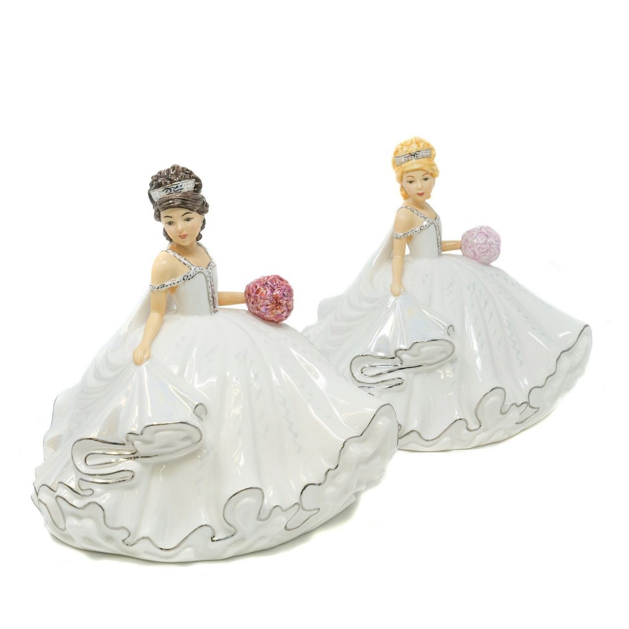 English Ladies Mini Bride of the Year Blonde  This figurine is the Mini version of the very popular Thelma Madine Bride of the Year. Standing at approximately 20cm tall the Mini Bride of the Year Blonde is dressed in a beautiful gown decorated in Mother of Pearl Lustre and real platinum highlights.