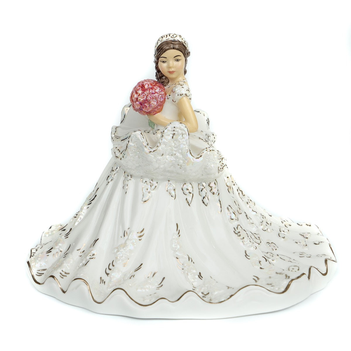 English Ladies Mini Gypsy Elegance Figurine Brunette Thelma Madine’s striking Gypsy Elengence figurine has been miniaturised in these cute little mini bride figures. Hand made and hand-decorated, each figure shines with real platinum and Mother of pearl lustre. Gift boxed.