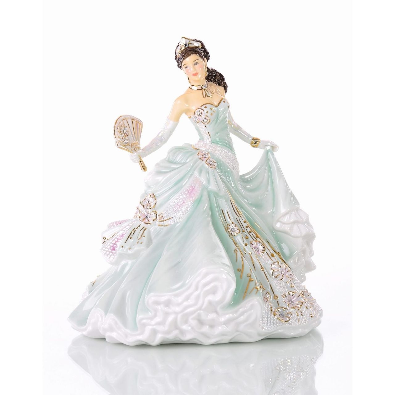 English Ladies Timeless Romance Timeless Romance is part of our Romance range that is modelled by Valerie Annand in fine bone china and hand-painted and decorated by our master painter Dan Smith. We absolutely love the Romance range so had to bring out another figurine to the collection in a stunning mint green colour.