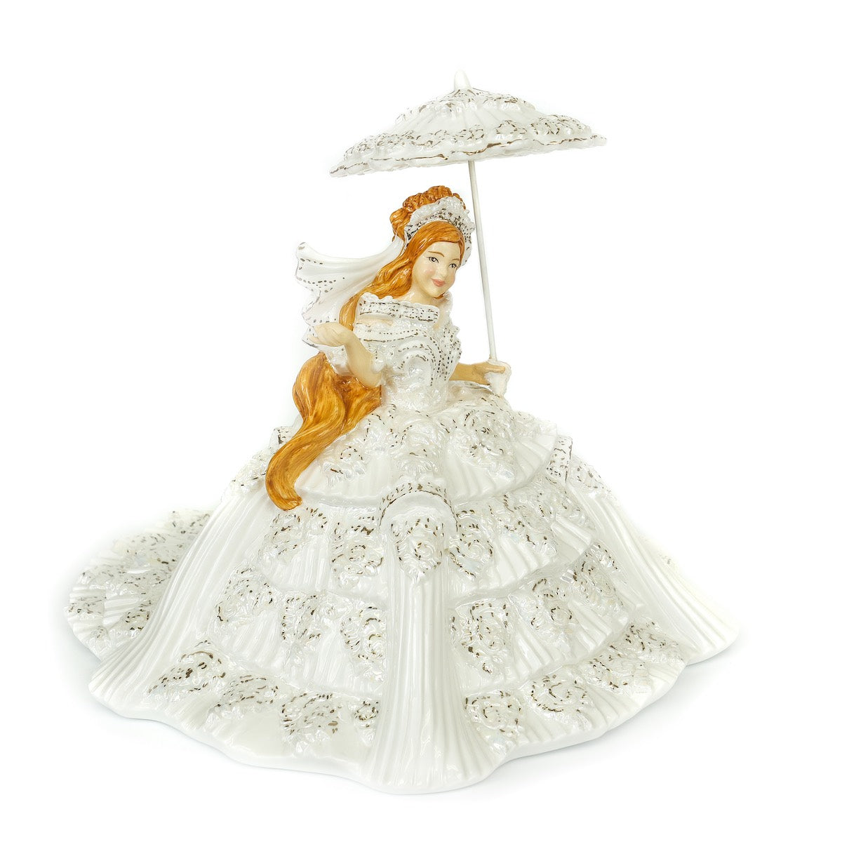 English Ladies Company Perfect Little Princess Thelma Madine's flamboyant style is captured in our beautiful bone china figurines. Perfect Little Princess is the latest in our Communion range and our first Redhead! She is hand made and hand decorated by expert craftsmen and women, with elegant details of real platinum and Mother of Pearl lustre.