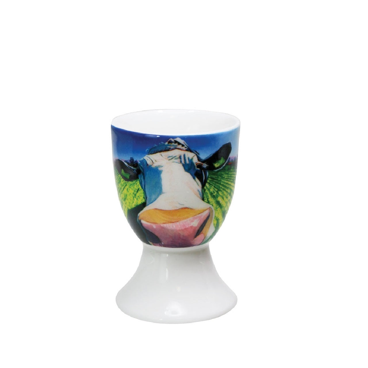 Eoin O'Connor Cow Egg Cup Set of Four  EOIN O’CONNOR’S eclectic style and striking use of colour makes his work instantly recognisable. While his command over scale and perspective is rooted in his architectural training, his passion remains firmly grounded in creating strikingly vibrant paintings which echo his unique view of Irish life.