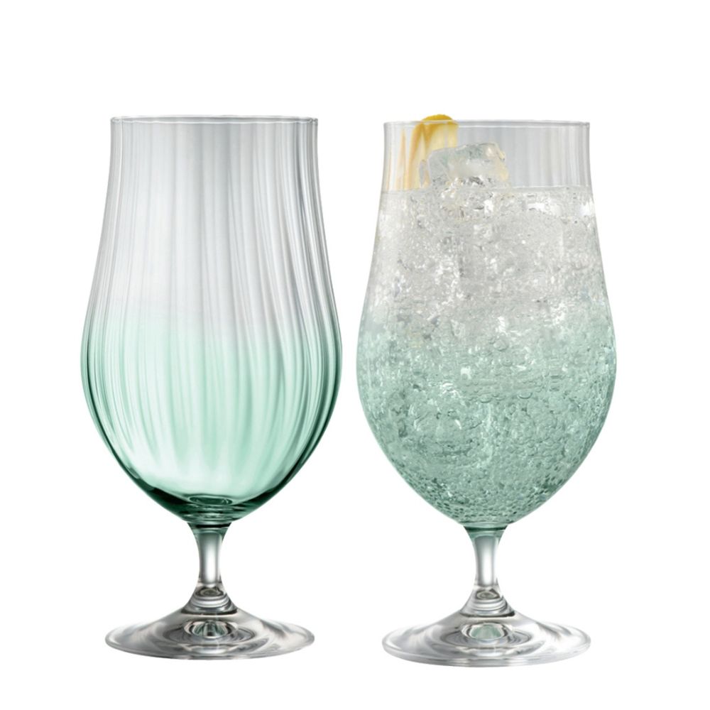 Galway Crystal Erne Craft Beer/Cocktail Glass Pair Aqua You are going to want a set of our beautifully designed Craft Beer/Cocktail Glass Pair for your drink cupboard. The Aqua coloured base and elegant tulip glass shape along with the Erne pattern displays light lines along the body adding a modern and stylish finish.