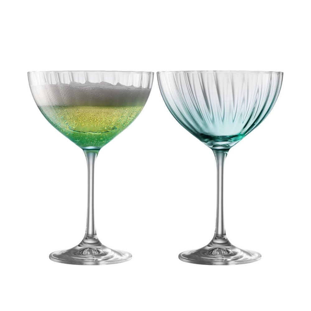 Erne Saucer Champagne Glass Pair Aqua by Galway Crystal These beautifully crafted Galway Crystal Champagne saucers with an Amber coloured base are beautiful glasses for your home. The elegant shape of the glass along with the Erne pattern displays light lines along the body adding a stylish and modern finish.