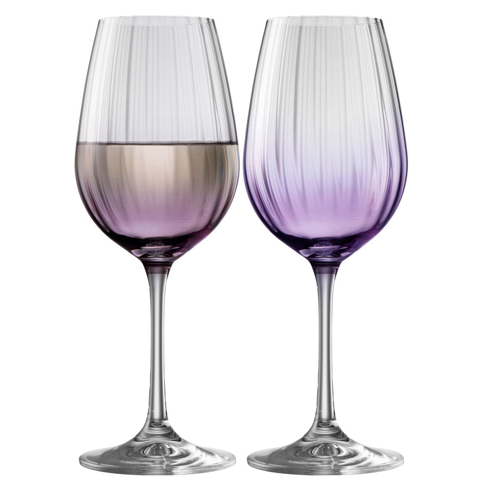 Galway Crystal Erne Wine Pair Amethyst These beautifully crafted Galway Crystal wine glasses with an amethyst coloured base are essential glasses for your home and are designed for fine wine lovers. The elegant shape of the glass along with the Erne pattern displays light lines along the body adding a stylish and modern finish.