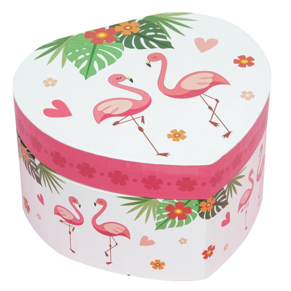 Flamingo Print Heart Shaped Jewellery Box Keep those special sparkly things safe and sound with the help of this heart shaped musical flamingo jewellery box. From Just 4 Kids - bringing the magic to life.