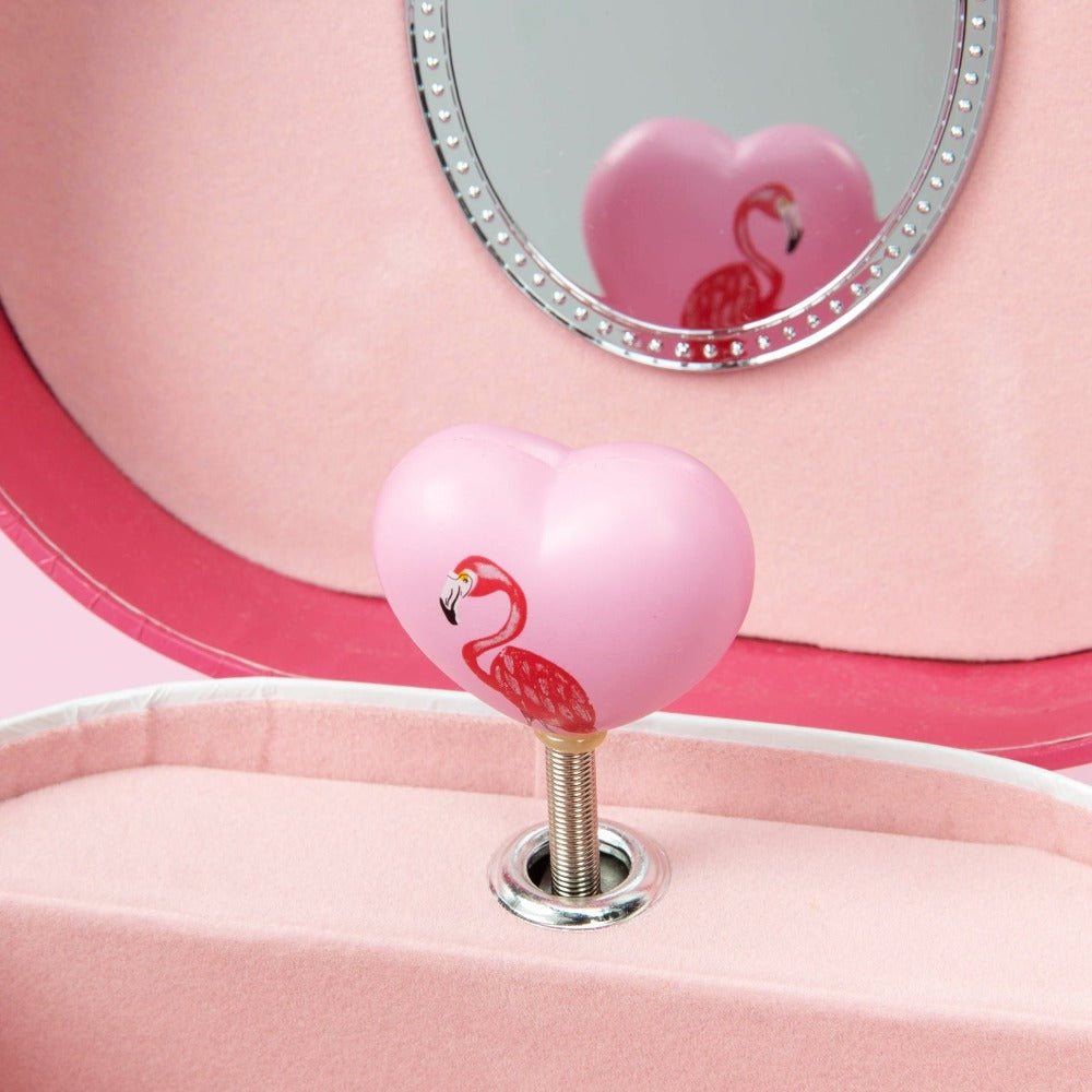 Flamingo Print Heart Shaped Jewellery Box Keep those special sparkly things safe and sound with the help of this heart shaped musical flamingo jewellery box. From Just 4 Kids - bringing the magic to life.