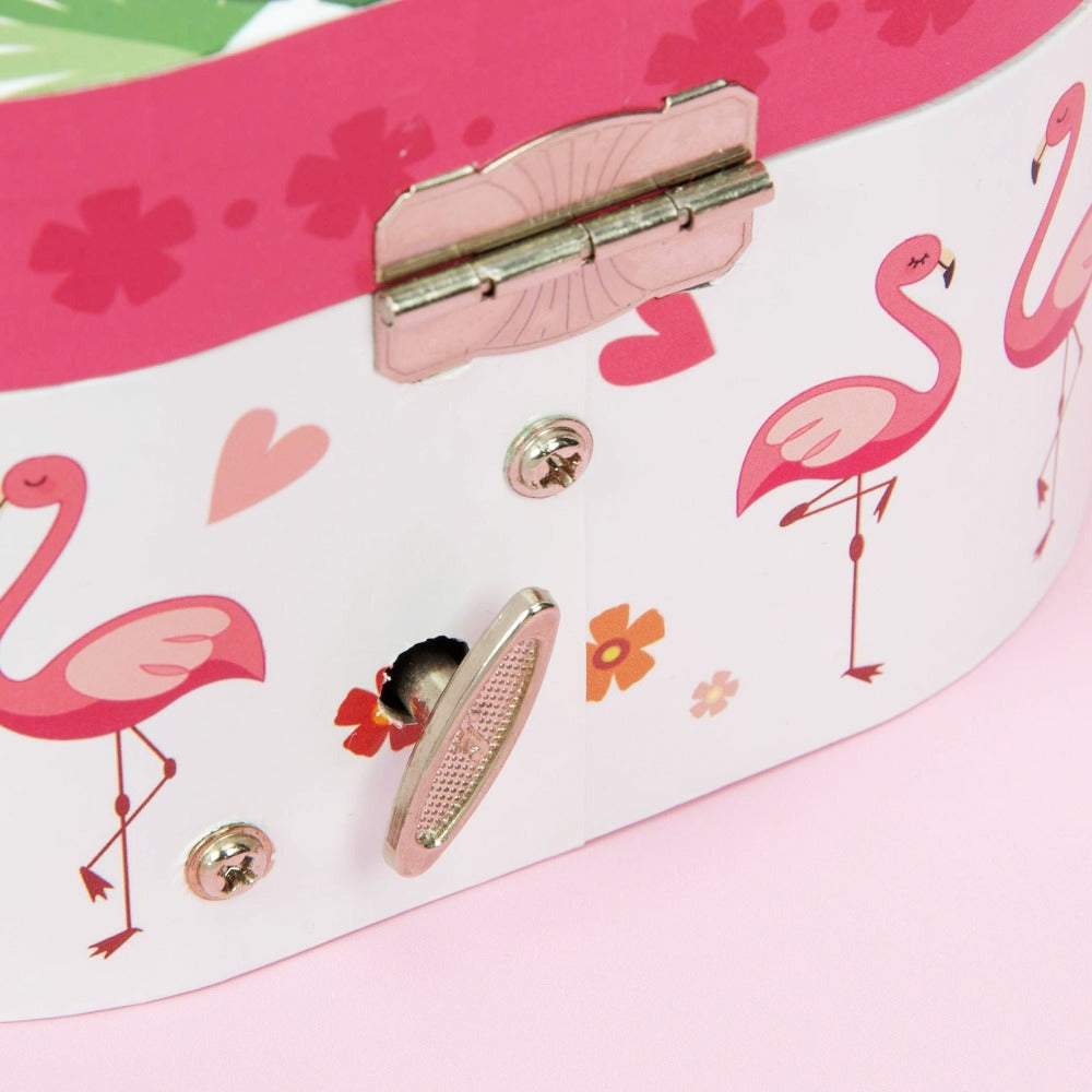 Flamingo Print Heart Shaped Jewellery Box Keep those special sparkly things safe and sound with the help of this heart shaped musical flamingo jewellery box. From Just 4 Kids - bringing the magic to life.