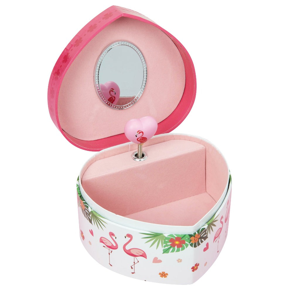 Flamingo Print Heart Shaped Jewellery Box Keep those special sparkly things safe and sound with the help of this heart shaped musical flamingo jewellery box. From Just 4 Kids - bringing the magic to life.