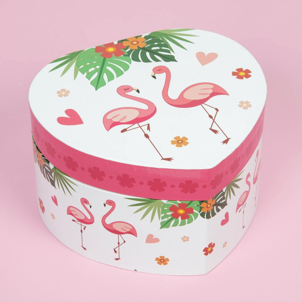 Flamingo Print Heart Shaped Jewellery Box Keep those special sparkly things safe and sound with the help of this heart shaped musical flamingo jewellery box. From Just 4 Kids - bringing the magic to life.