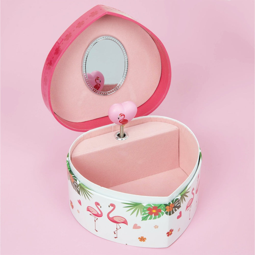 Flamingo Print Heart Shaped Jewellery Box Keep those special sparkly things safe and sound with the help of this heart shaped musical flamingo jewellery box. From Just 4 Kids - bringing the magic to life.