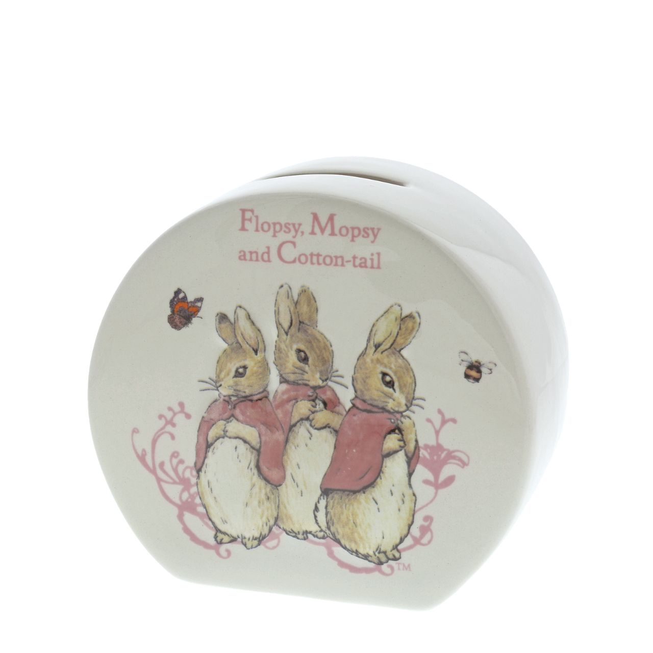 Beatrix Potter Flopsy, Mopsy & Cotton-tail Money Bank The artwork for each product is taken from the original illustrations from the Beatrix Potter stories. Material; Ceramic. Presented in a branded gift box. Not a toy or children's product. Intended for adults only.
