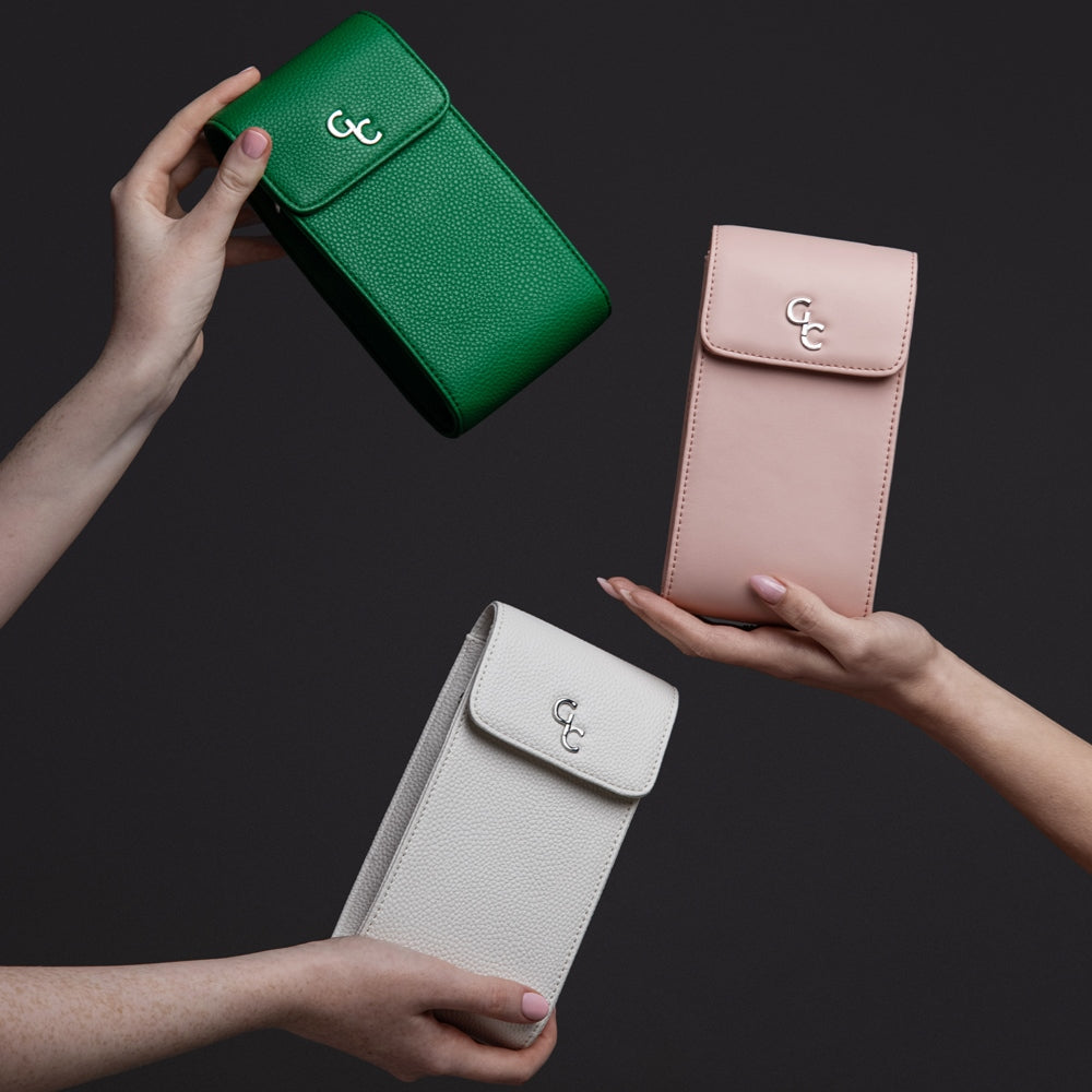 Galway Crystal Fashion Mini Crossbody Handbag - Green Introducing the new must have accessory that is truly functional. Our Lightweight, Slim, Sleek, Crossbody bag is designed to hold the most essential accessory: Your mobile phone.