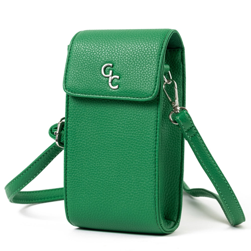 Galway Crystal Fashion Mini Crossbody Handbag - Green Introducing the new must have accessory that is truly functional. Our Lightweight, Slim, Sleek, Crossbody bag is designed to hold the most essential accessory: Your mobile phone.