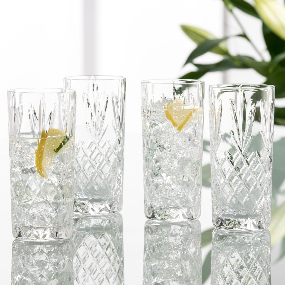 Galway Crystal Renmore Hiball Set of 4  The Galway Crystal hiball glasses are cut in the Renmore pattern and are ideal for beautiful cocktails and iced mixed drinks. The diamond pattern shines in these heavy cut glasses making them a stunning addition to any home or gathering.