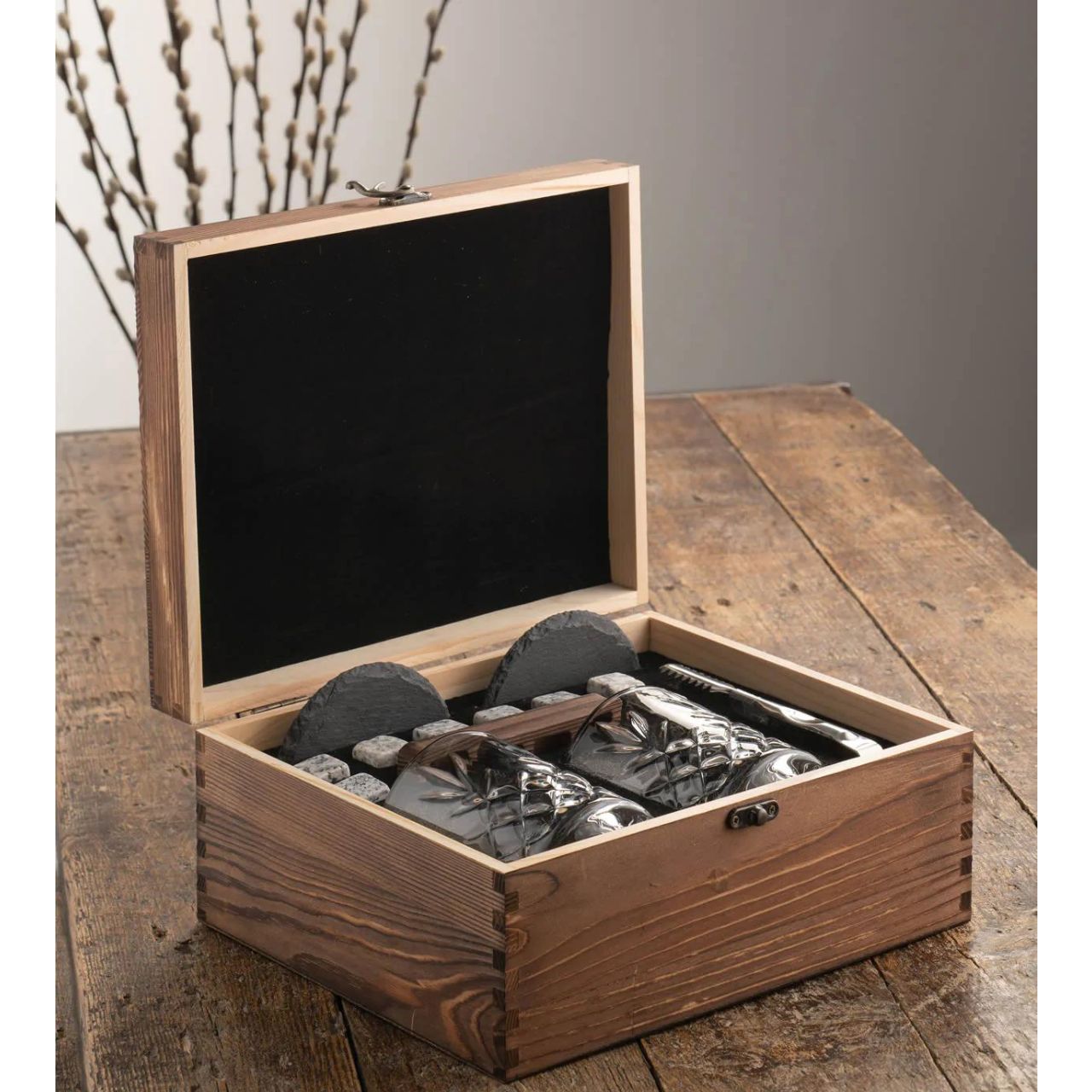 Renmore Wooden Boxed Whiskey Set by Galway Crystal  The Renmore wooden boxed whiskey gift set is the ultimate gift set for any whiskey enthusiast. All whiskey lovers will feel like they are the classiest whiskey drinker around with our stunning set.