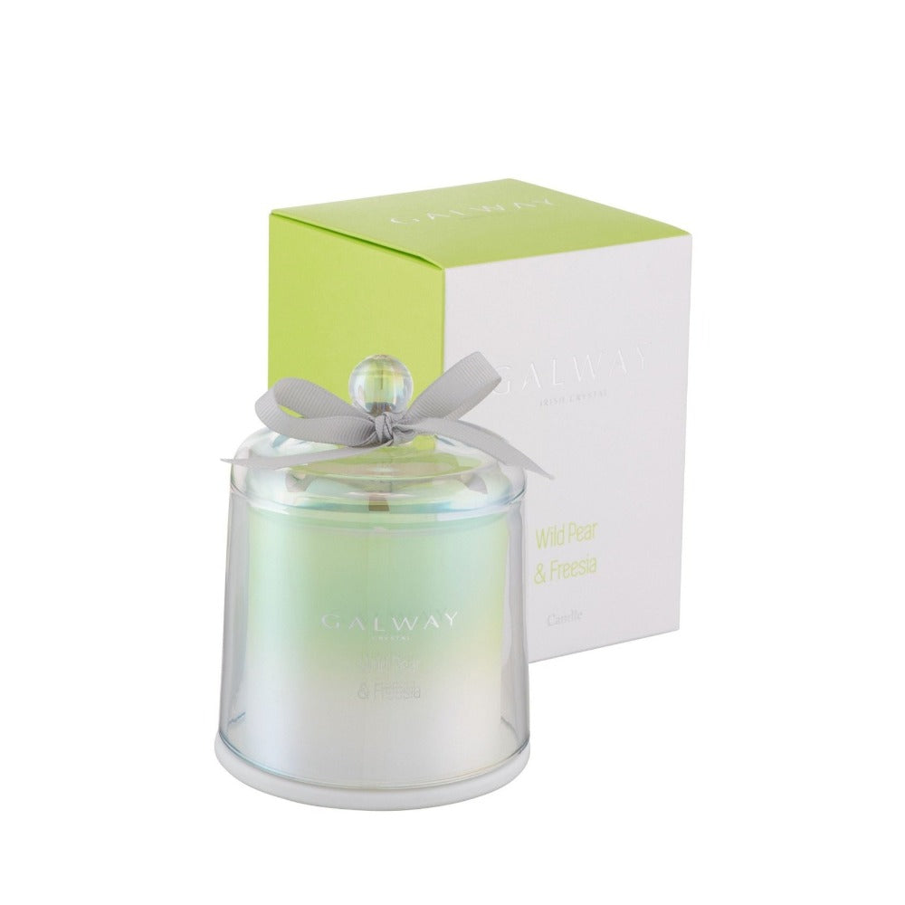 Galway Crystal Wild Pear & Fressia Scented Bell Jar Candle Transport yourself to a special place with the perfect fragrance for your home. Our Wild Pear & Fressia scent will transform any room and will certainly set the right mood.