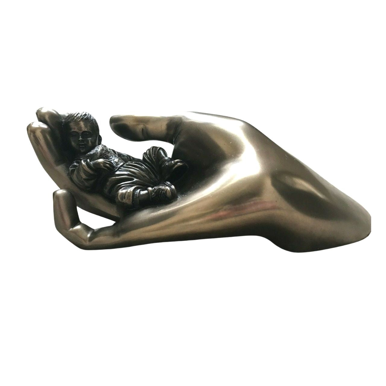 Genesis Caring Baby Boy  Beautifully crafted in cold cast bronze this wonderful baby figurine from the craftsmen of Genesis Fine Arts depicts the sleeping baby boy carefully curled up in a mothers caring hand.  Caring Baby Boy, birth or christening gift.