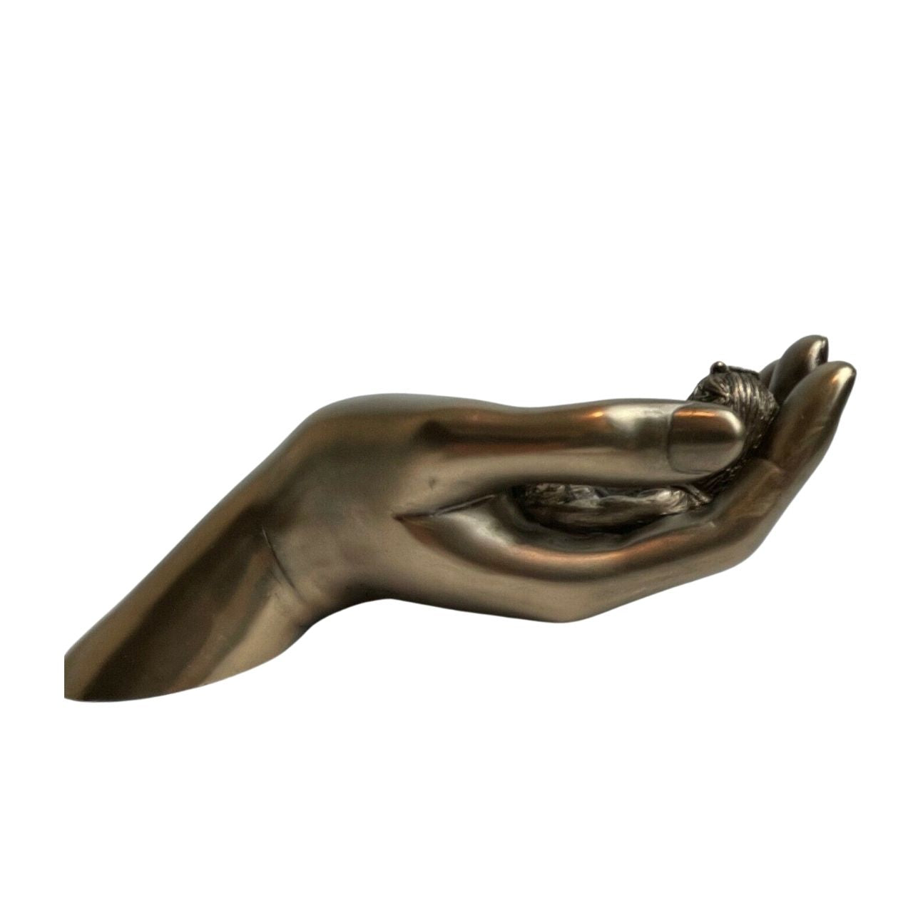 Genesis Caring Baby Girl Beautifully crafted in cold cast bronze this wonderful baby figurine from the craftsmen of Genesis Fine Arts depicts the sleeping baby girl carefully curled up in a mothers caring hand.