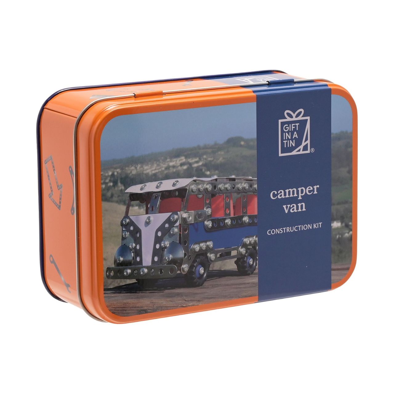 Camper Van Construction Kit - Apples To Pears Gift In A Tin A camper van construction kit from Gift in a Tin by APPLES TO PEARS®. This mind-enhancing set is perfect for any aspiring young engineer who wants to get to grips with constructing moving vehicles.