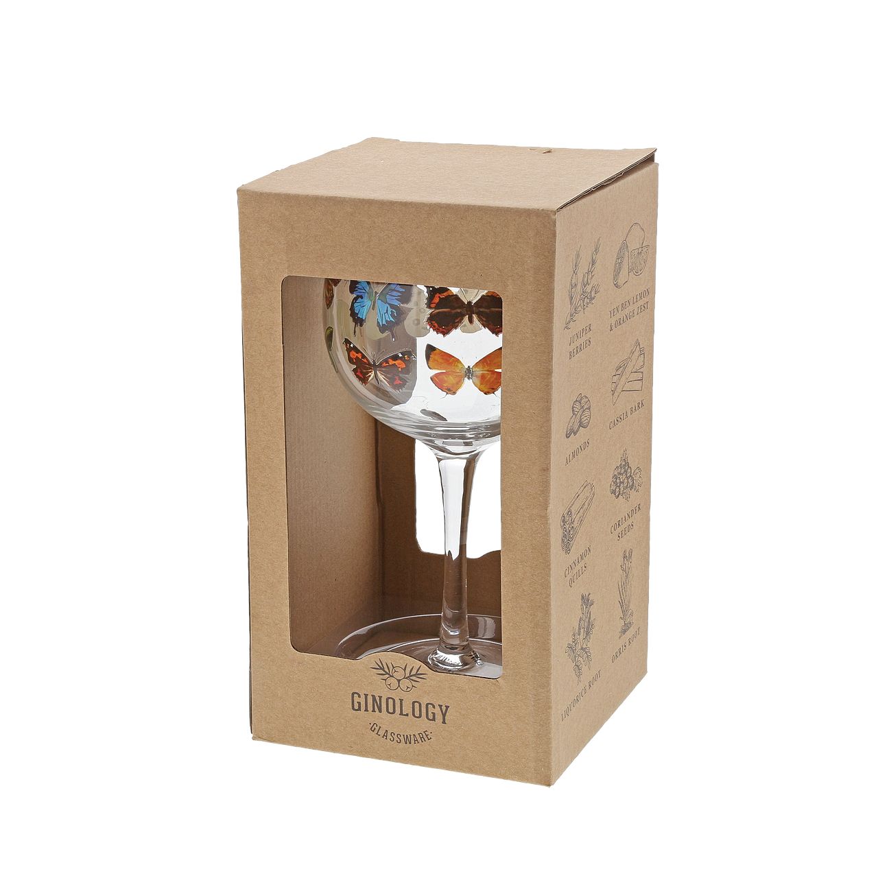 Ginology Butterflies Copa Gin Glass A gin glass fit for any social butterfly. Cheers to the beauty of nature, bright and beautiful, these butterflies will flutter right into your heart with each sip.