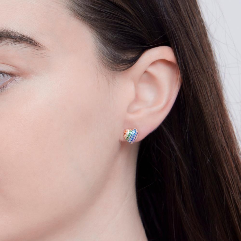 Knight & Day Giselle Earrings Multicoloured heart shaped earrings with CZ stones. Stud fastening. Gold plating.